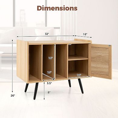 Boho Record Storage Stand with Charging Ports and Rattan Cabinet Door