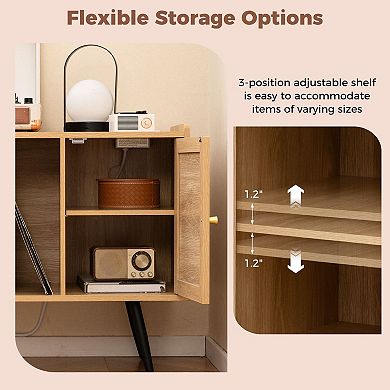 Boho Record Storage Stand with Charging Ports and Rattan Cabinet Door