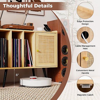 Boho Record Storage Stand with Charging Ports and Rattan Cabinet Door