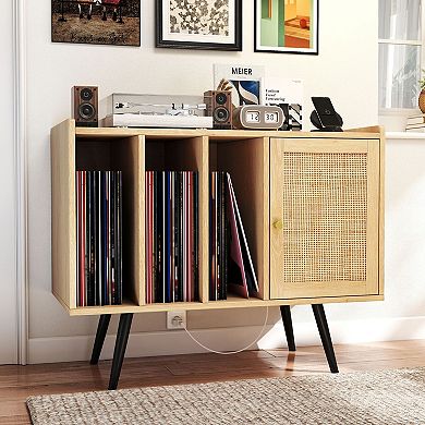 Boho Record Storage Stand with Charging Ports and Rattan Cabinet Door