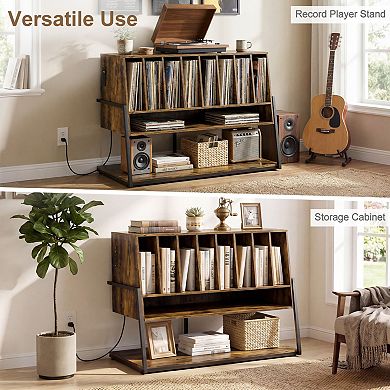 Rolling Turntable Stand with USB Ports and Record Album Storage