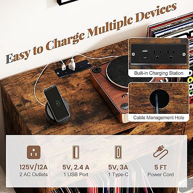 Record Player Stand with AC Outlets Vinyl Storage and Drawer Cabinet