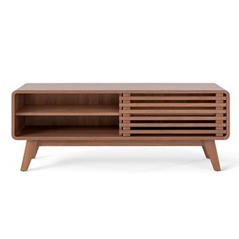 Mid Century TV Stand for 55 Inch TV with Sliding Door Cabinets and Adjustable Shelves