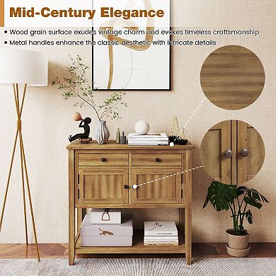 Mid Century Console Table with Two Drawers and Storage Cabinets for Entryway and Living Room
