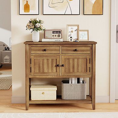 Mid Century Console Table with Two Drawers and Storage Cabinets for Entryway and Living Room