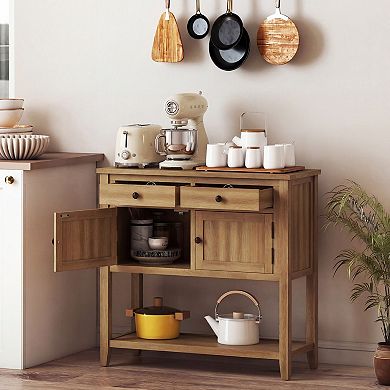 Mid Century Console Table with Two Drawers and Storage Cabinets for Entryway and Living Room