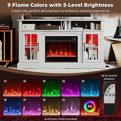 TV Stand with Electric Fireplace, Adjustable Thermostat, Glass Door Storage and LED Light System