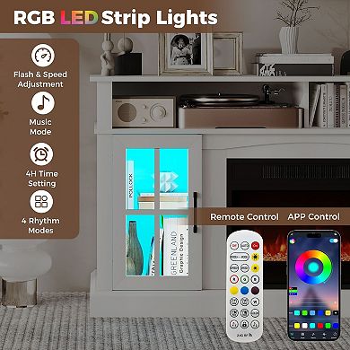 TV Stand with Electric Fireplace, Adjustable Thermostat, Glass Door Storage and LED Light System