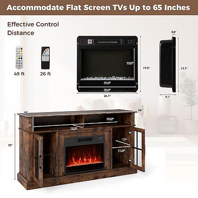 TV Stand with Electric Fireplace, Adjustable Thermostat, Glass Door Storage and LED Light System