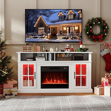 TV Stand with Electric Fireplace, Adjustable Thermostat, Glass Door Storage and LED Light System