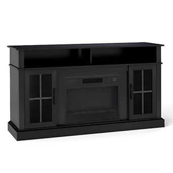TV Stand with Electric Fireplace, Adjustable Thermostat, Glass Door Storage and LED Light System