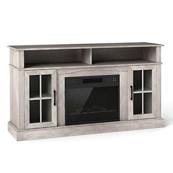 TV Stand with Electric Fireplace, Adjustable Thermostat, Glass Door Storage and LED Light System