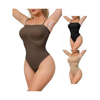 3 Packs Women's Strapless Shapewear Tummy Control Leotard Thong Sculpted Bodyshaper Removable Straps