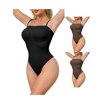 3 Packs Women's Strapless Shapewear Tummy Control Leotard Thong Sculpted Bodyshaper Removable Straps