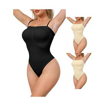 3 Packs Women's Strapless Shapewear Tummy Control Leotard Thong Sculpted Bodyshaper Removable Straps