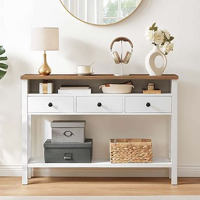 Console Table with Storage Drawers and Open Shelves, Farmhouse Hallway Table