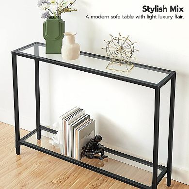 2-Tier Glass Console Table with Metal Frame, Narrow Entryway Sofa Table