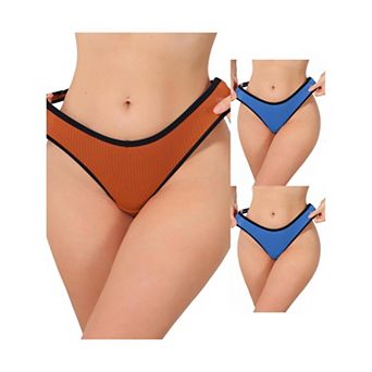 3 Packs Women's Low Waisted Ribbed Thongs Softan Breathable Contrast Color Trim Underwear Panties