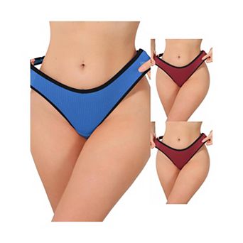 3 Packs Women's Low Waisted Ribbed Thongs Softan Breathable Contrast Color Trim Underwear Panties