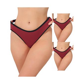 3 Packs Women's Low Waisted Ribbed Thongs Softan Breathable Contrast Color Trim Underwear Panties