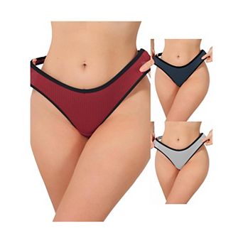 3 Packs Women's Low Waisted Ribbed Thongs Softan Breathable Contrast Color Trim Underwear Panties