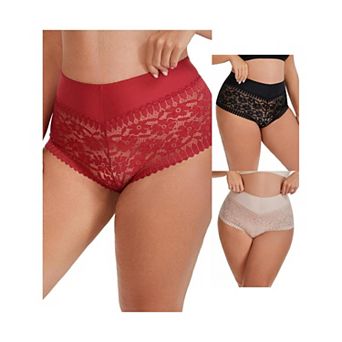 3 Packs Women's Sheer Lace Trim Mid Rise Briefs Stretchy Underwear