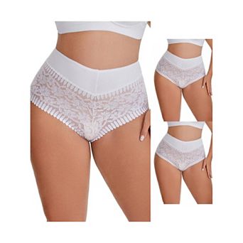 3 Packs Women's Sheer Lace Trim Mid Rise Briefs Stretchy Underwear