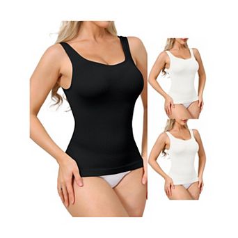 3 Packs Womens Ribbed Tank Tops Square Neck Shapewear Tummy Control Compression Camisole Bodyshaper