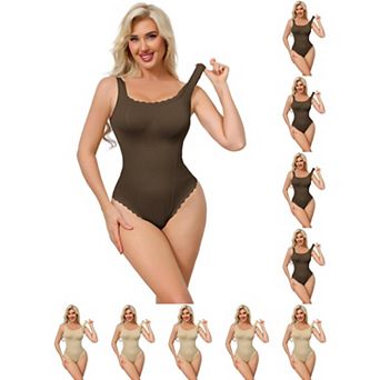10 Packs Women's Lace Trim Bodysuits Square Neck Tummy Control Tank Tops Leotard Thong Bodyshaper
