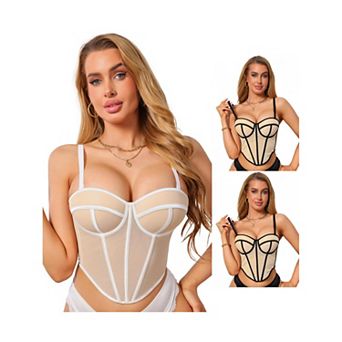 3 Packs Mesh Sheer Corset Tops for Women Sleeveless Underwired Bustier Bra Going Out Tank Tops