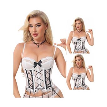 3 Packs Lace Corset Tops for Women Sheer Mesh Spaghetti Strap Shapewear Party Club Tank Tops