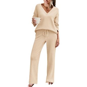 Ekouaer Womens Pajamas Outfits Winter Long Two Piece Loungewear V Neck Sweater Top and Pants Set