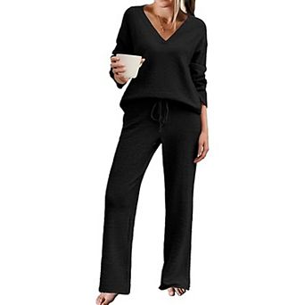Ekouaer Womens Pajamas Outfits Winter Long Two Piece Loungewear V Neck Sweater Top and Pants Set