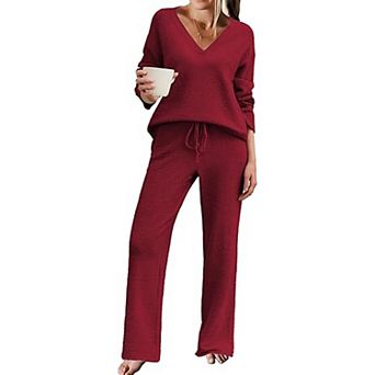 Ekouaer Womens Pajamas Outfits Winter Long Two Piece Loungewear V Neck Sweater Top and Pants Set