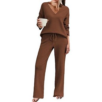 Ekouaer Womens Pajamas Outfits Winter Long Two Piece Loungewear V Neck Sweater Top and Pants Set