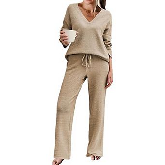 Ekouaer Womens Pajamas Outfits Winter Long Two Piece Loungewear V Neck Sweater Top and Pants Set