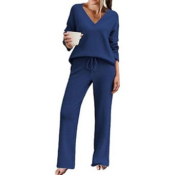 Ekouaer Womens Pajamas Outfits Winter Long Two Piece Loungewear V Neck Sweater Top and Pants Set