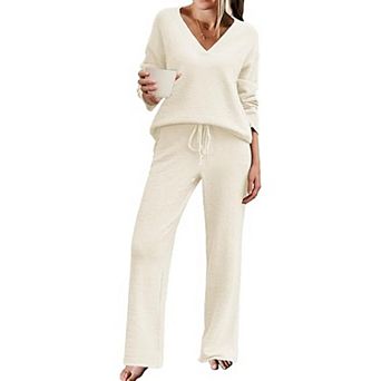 Ekouaer Womens Pajamas Outfits Winter Long Two Piece Loungewear V Neck Sweater Top and Pants Set