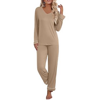 Ekouaer Womens Pajama Sets Two Piece Lounge Sets V neck Long Sleeve Top and Elastic Waist Pants