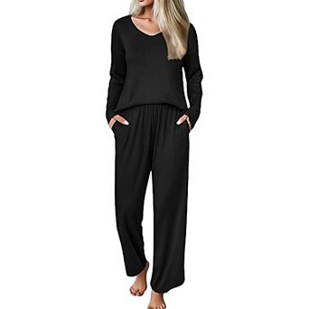 Ekouaer Womens Pajama Set Ribbed Knit Pajamas Two Piece Lounge Set Long Sleeve Top and Pants