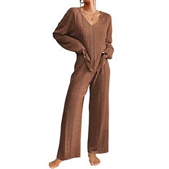 Ekouaer Womens Pajama Set Ribbed Knit Pajamas Two Piece Lounge Set Long Sleeve Top and Pants