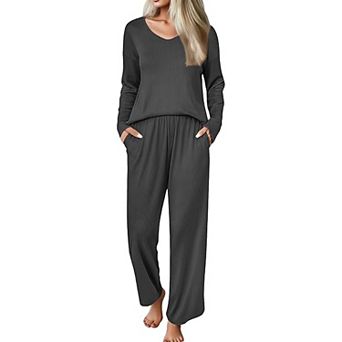 Ekouaer Womens Pajama Set Ribbed Knit Pajamas Two Piece Lounge Set Long Sleeve Top and Pants