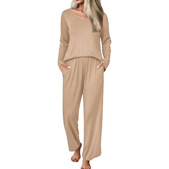 Ekouaer Womens Pajama Set Ribbed Knit Pajamas Two Piece Lounge Set Long Sleeve Top and Pants