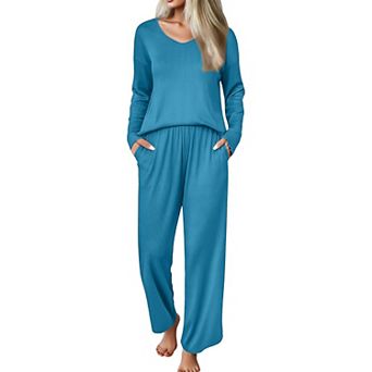 Ekouaer Womens Pajama Set Ribbed Knit Pajamas Two Piece Lounge Set Long Sleeve Top and Pants