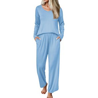 Ekouaer Womens Pajama Set Ribbed Knit Pajamas Two Piece Lounge Set Long Sleeve Top and Pants