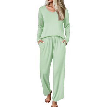 Ekouaer Womens Pajama Set Ribbed Knit Pajamas Two Piece Lounge Set Long Sleeve Top and Pants