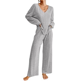 Ekouaer Womens Pajama Set Ribbed Knit Pajamas Two Piece Lounge Set Long Sleeve Top and Pants