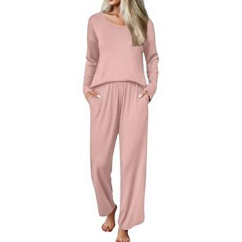 Ekouaer Womens Pajama Set Ribbed Knit Pajamas Two Piece Lounge Set Long Sleeve Top and Pants