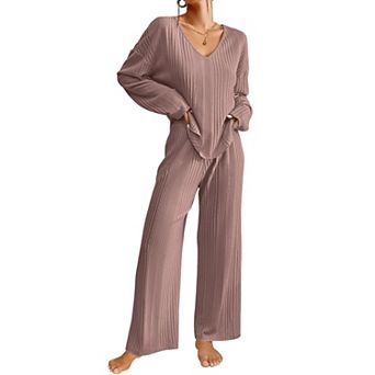 Ekouaer Womens Pajama Set Ribbed Knit Pajamas Two Piece Lounge Set Long Sleeve Top and Pants