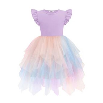 Arshiner Little Girls Ruffle Sleeve Irregular Tulle Tutu Princess Birthday Party Dress